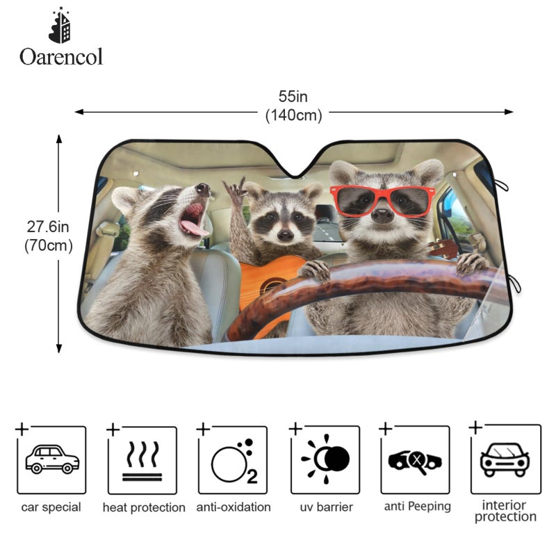 Oarencol Raccoon Driving Car Windshield Sun Shade Funny Animal Music Foldable UV Ray Sun Visor Protector Sunshade to Keep Your Vehicle Cool (55" x 27.6") - Image 3